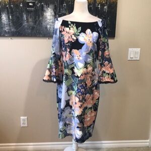 Danny and Nicole Floral Lace Trim Bell Sleeves Off Shoulder Sheath Dress-14